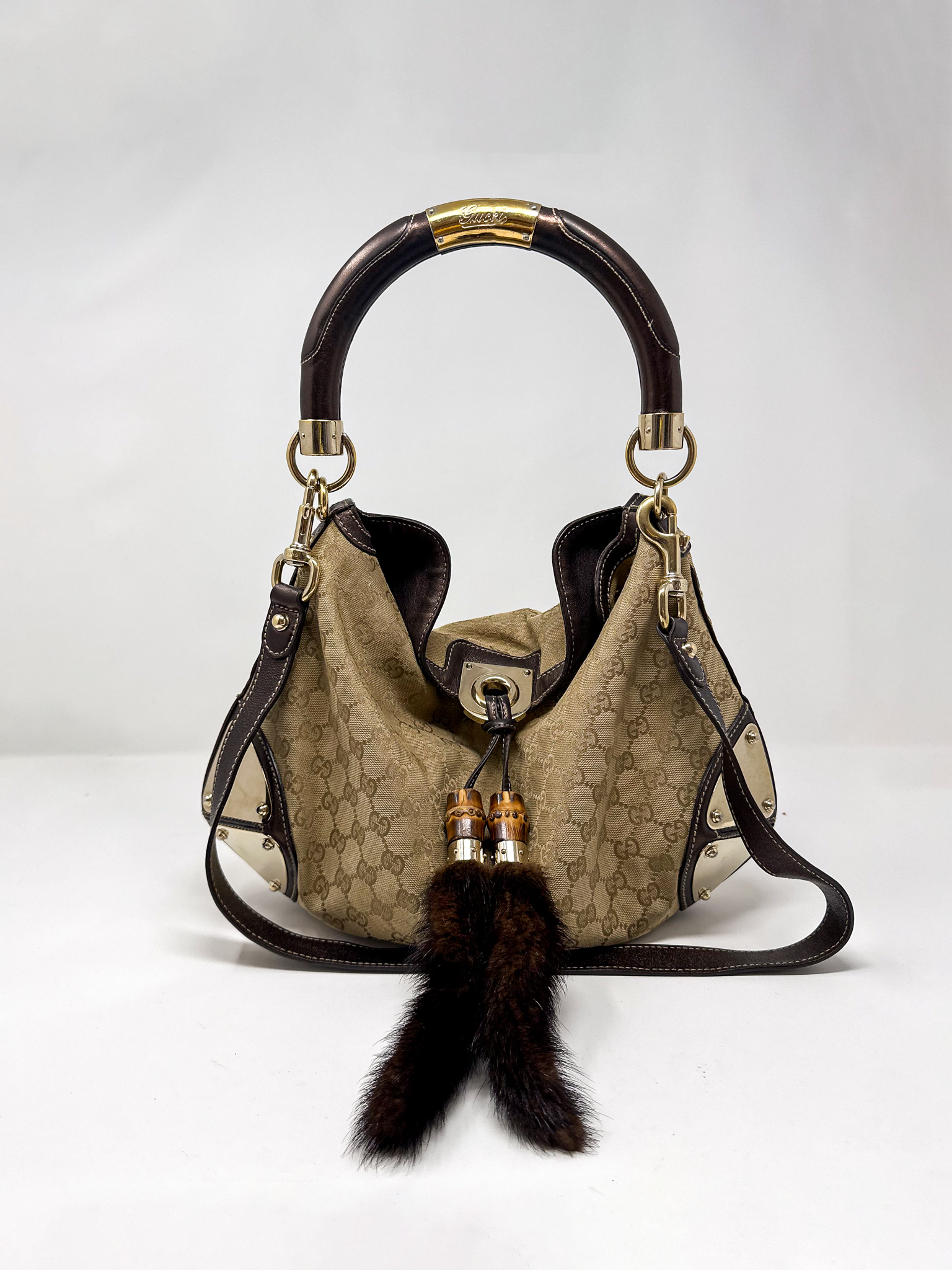 Gucci Indy Monogram Canvas Hobo Bag with Mink Tassles