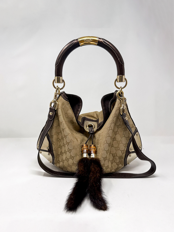 Gucci Indy Monogram Canvas Hobo Bag with Mink Tassles