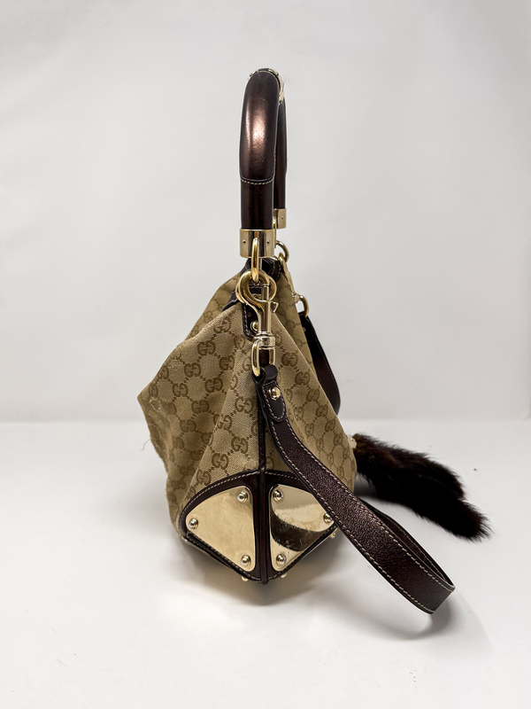 Gucci Indy Monogram Canvas Hobo Bag with Mink Tassles