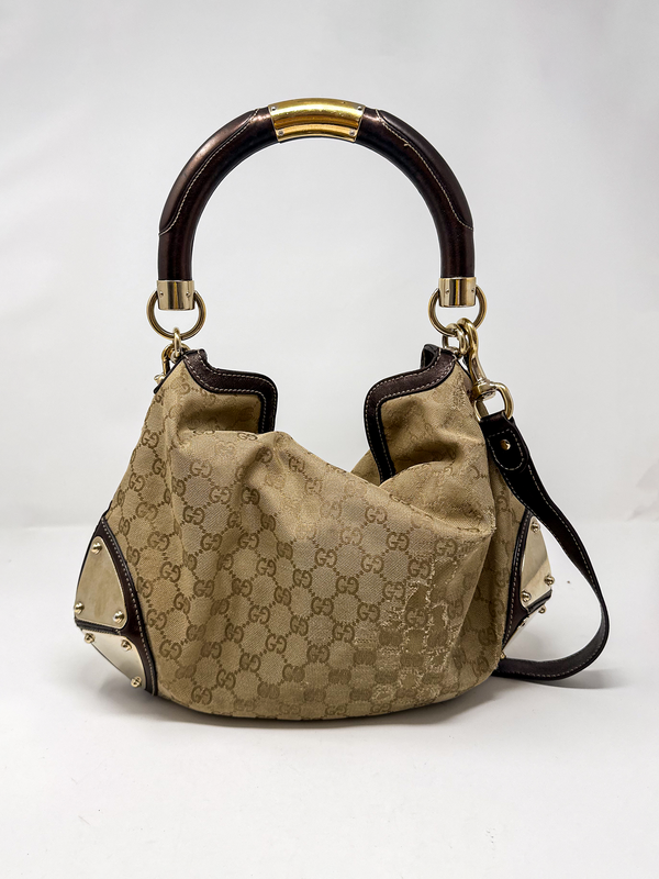Gucci Indy Monogram Canvas Hobo Bag with Mink Tassles