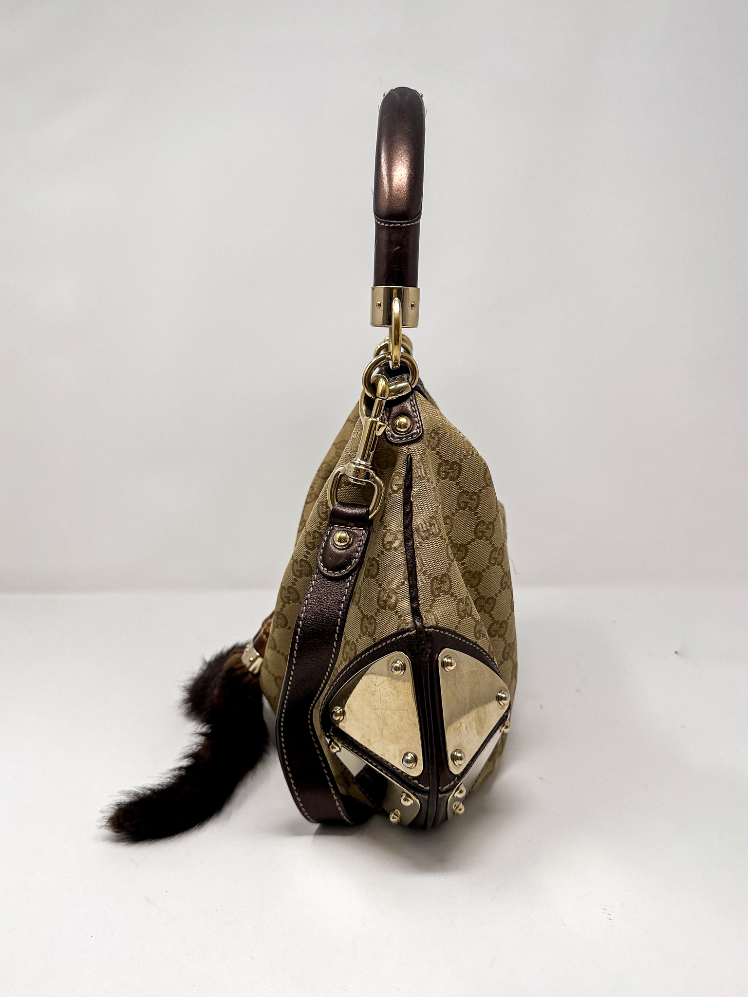 Gucci Indy Monogram Canvas Hobo Bag with Mink Tassles