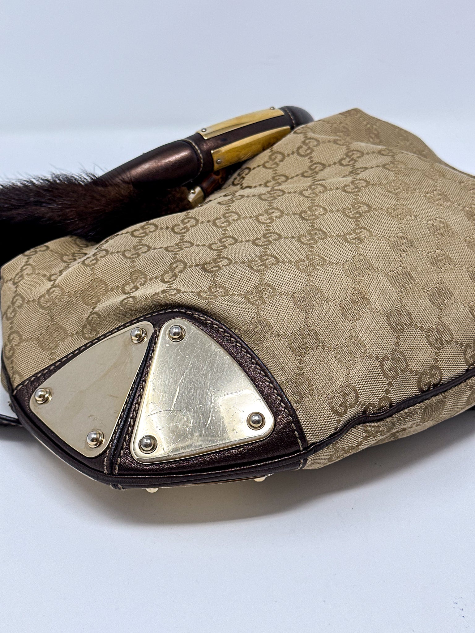 Gucci Indy Monogram Canvas Hobo Bag with Mink Tassles