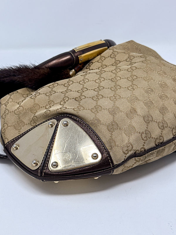 Gucci Indy Monogram Canvas Hobo Bag with Mink Tassles