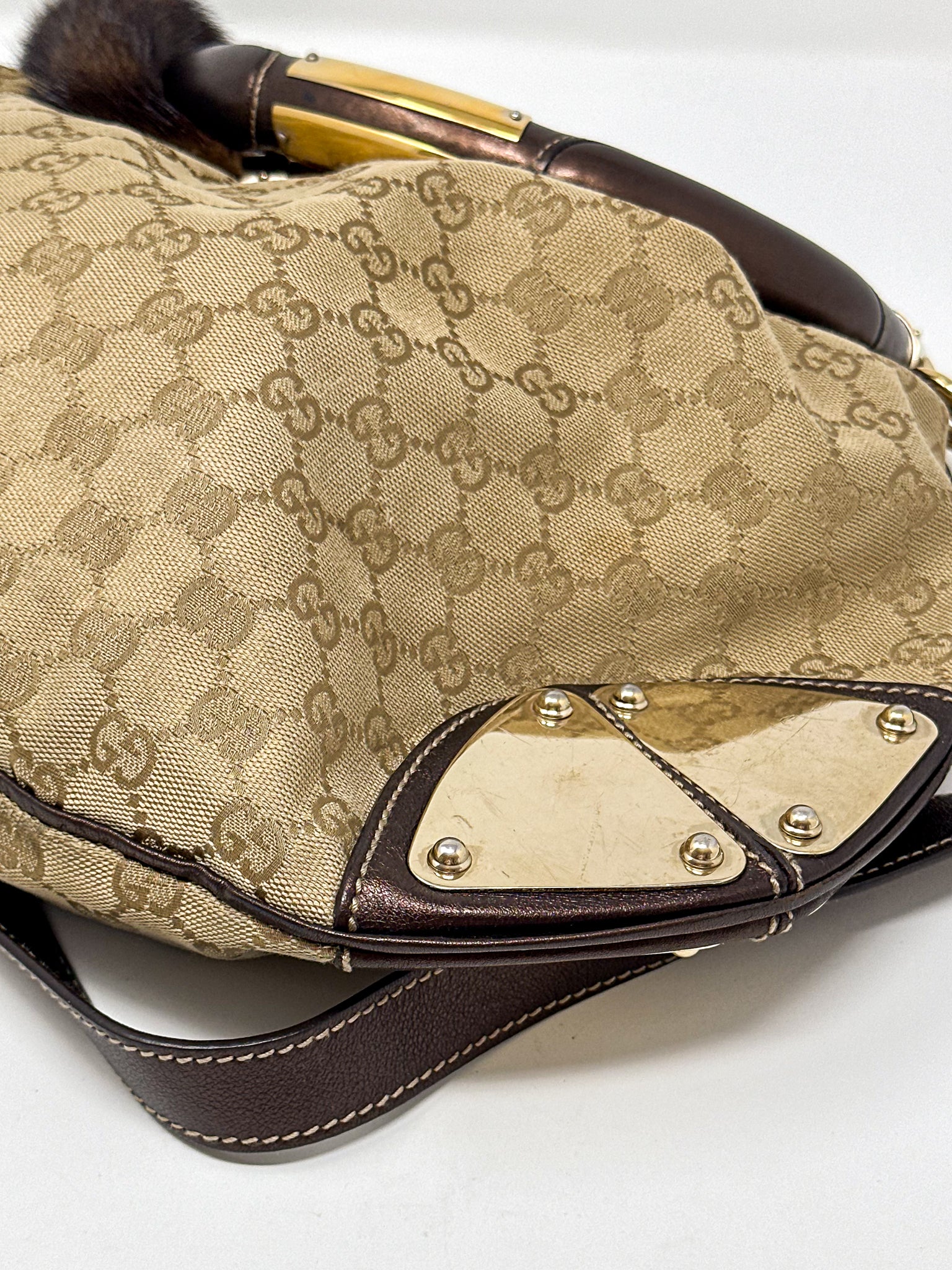 Gucci Indy Monogram Canvas Hobo Bag with Mink Tassles