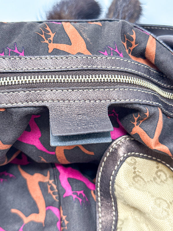 Gucci Indy Monogram Canvas Hobo Bag with Mink Tassles