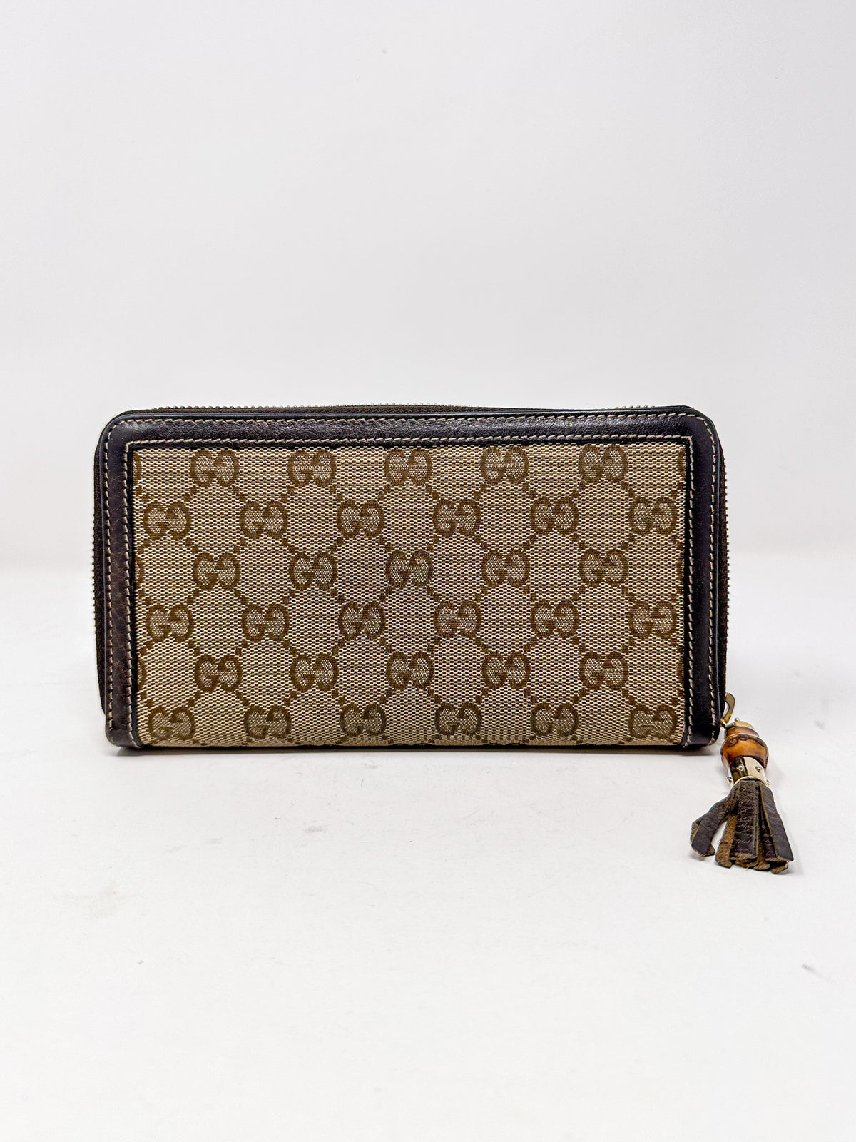 Gucci Vintage GG Canvas Bamboo Tassel Zip Around Wallet