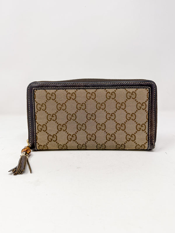 Gucci Vintage GG Canvas Bamboo Tassel Zip Around Wallet