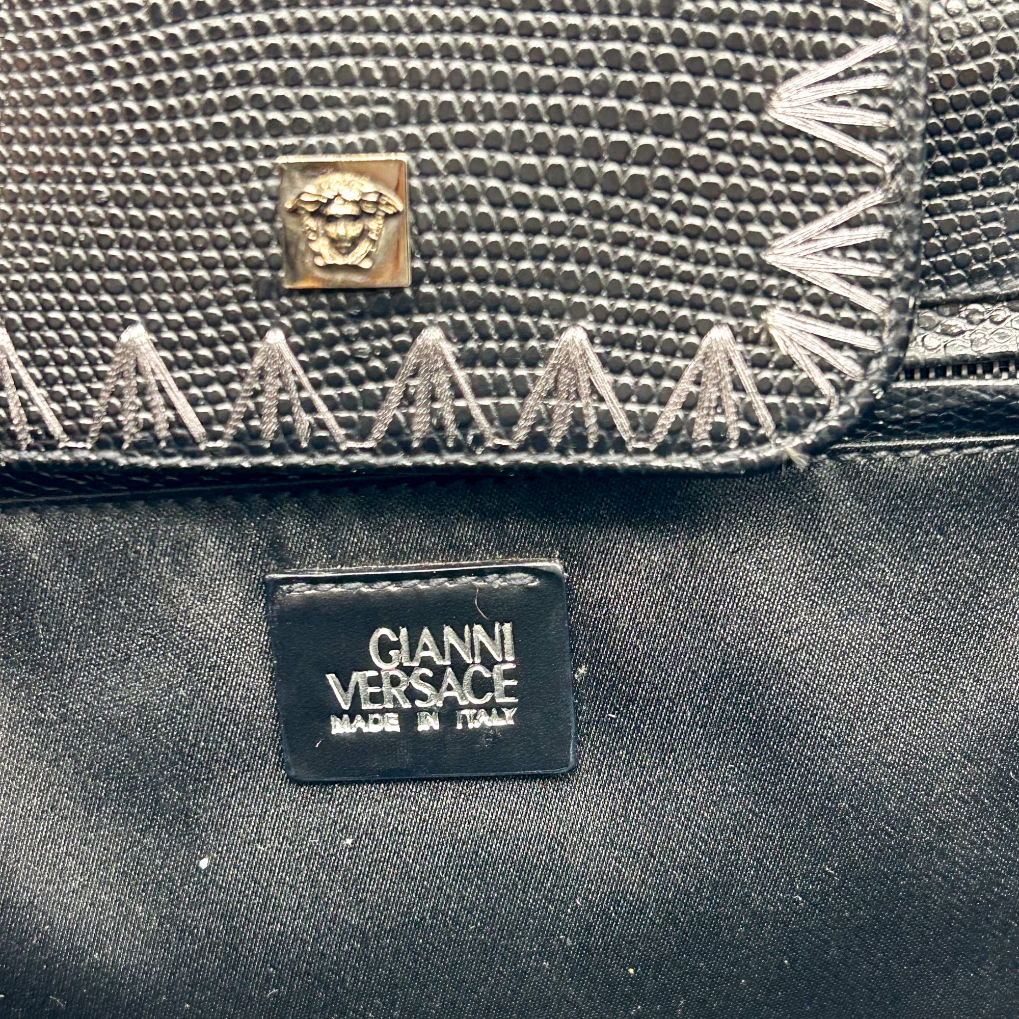 Gianni Versace Black Embossed Leather Shoulder Bag