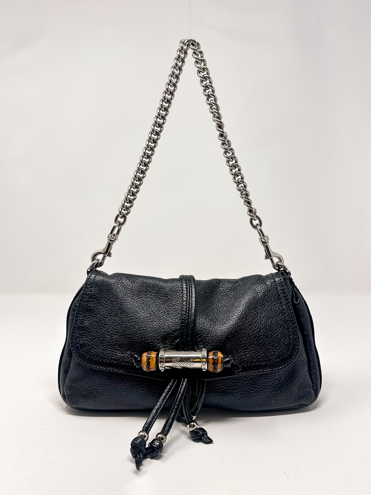 Gucci Bamboo Tassel Black Leather Chain Croisette Shoulder Bag