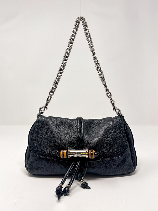 Gucci Bamboo Tassel Black Leather Chain Croisette Shoulder Bag