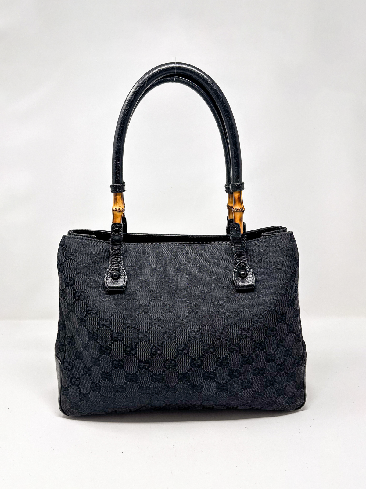 Gucci Black Canvas Bamboo Tote Bag