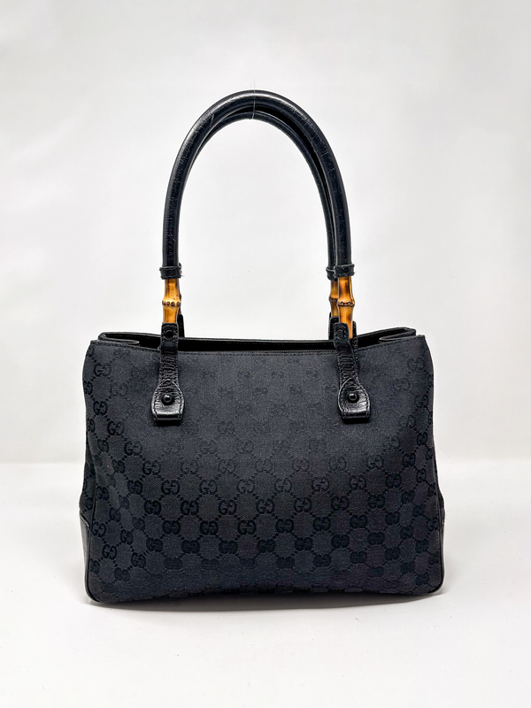 Gucci Black Canvas Bamboo Tote Bag
