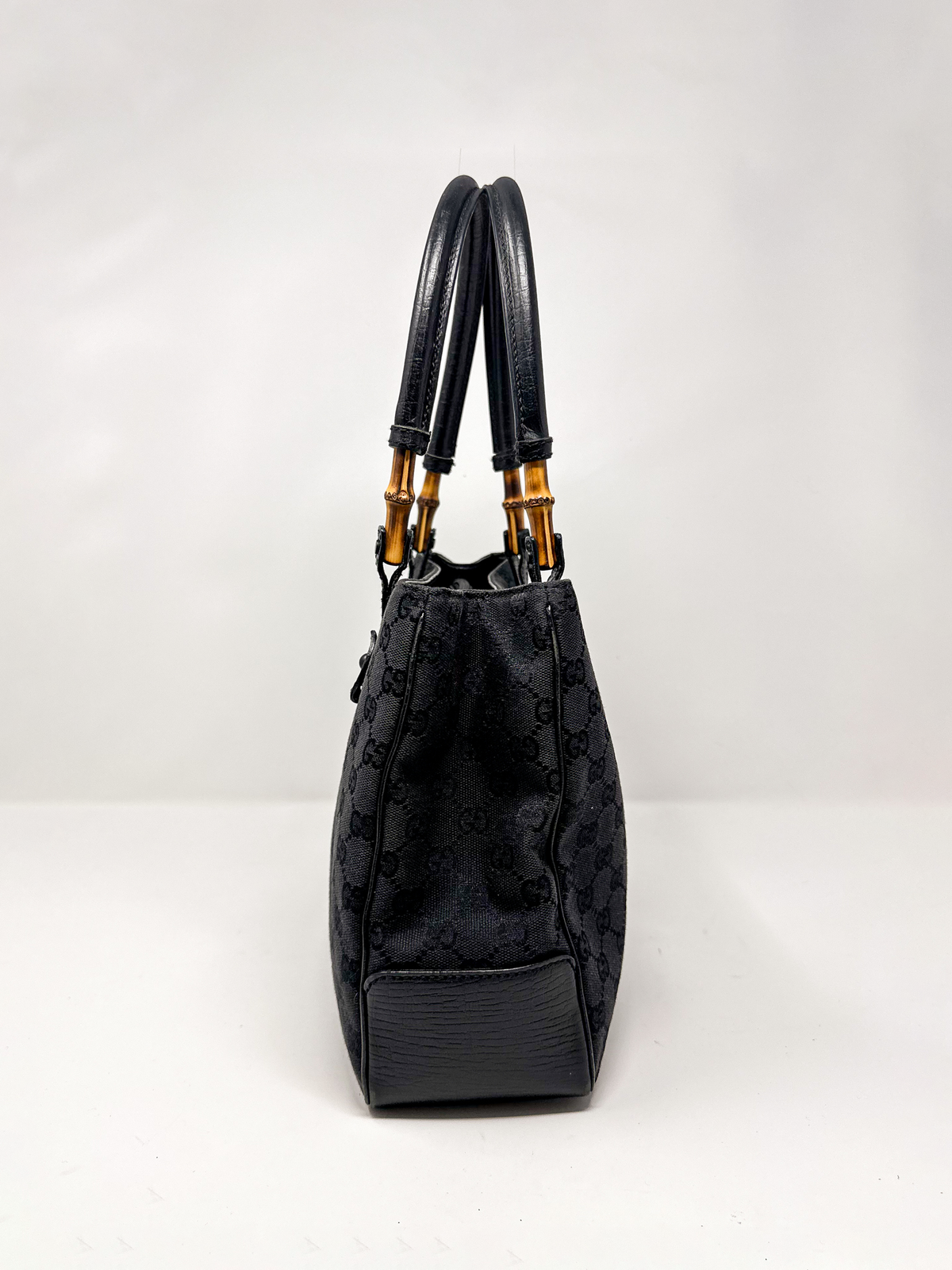 Gucci Black Canvas Bamboo Tote Bag