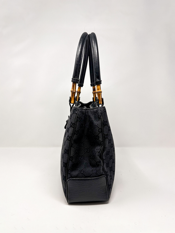Gucci Black Canvas Bamboo Tote Bag