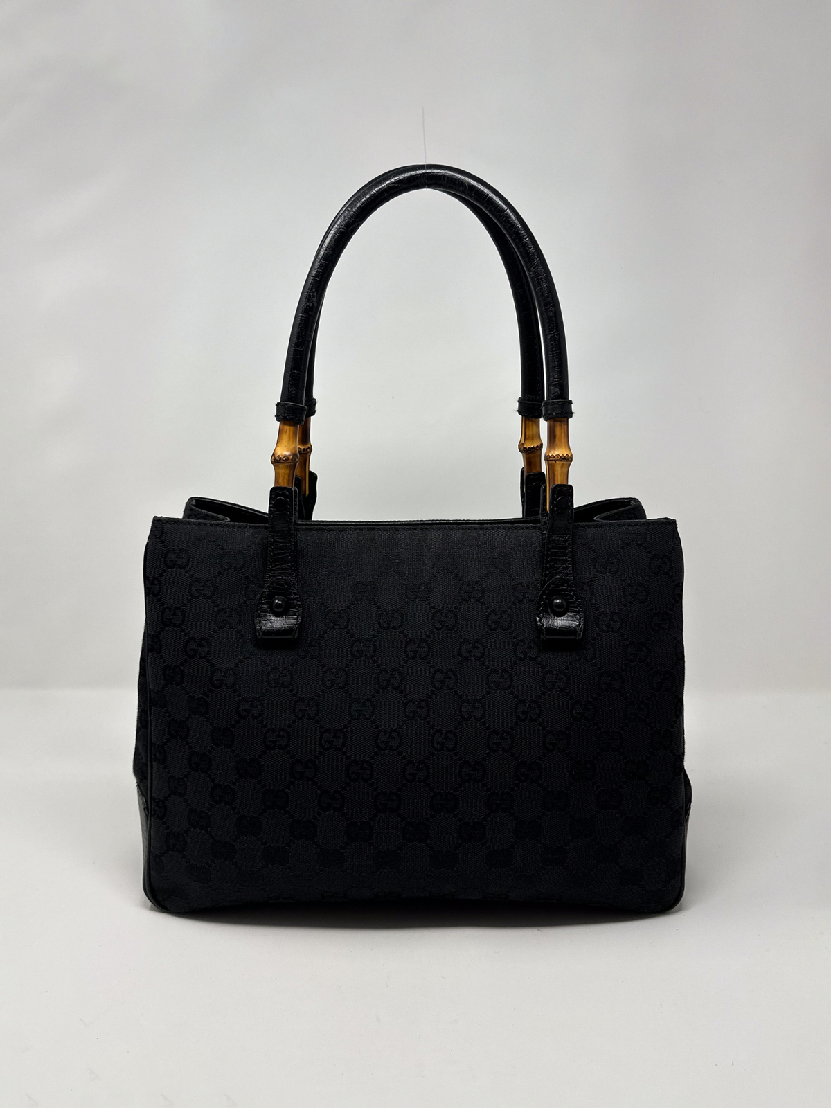 Gucci Black Canvas Bamboo Tote Bag
