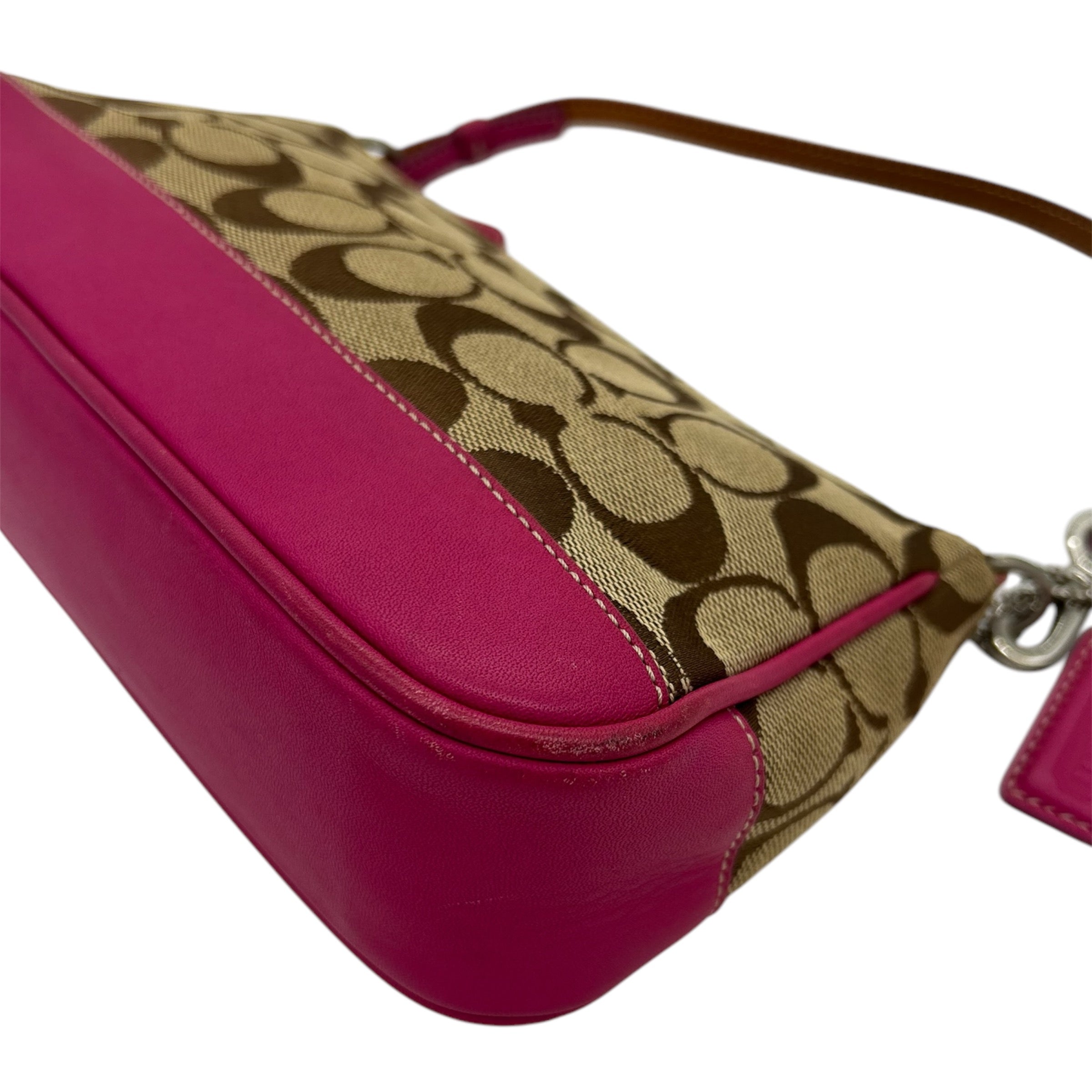 バッグ Coach Signature Demi Leather Pouch Pink Coach Signature Demi Pink Canvas Leather Mini Shoulder Bag