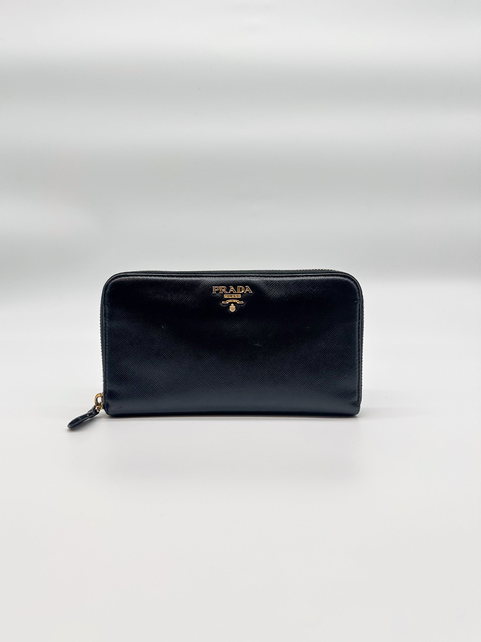 Prada Black Saffiano Leather Zip Around Wallet