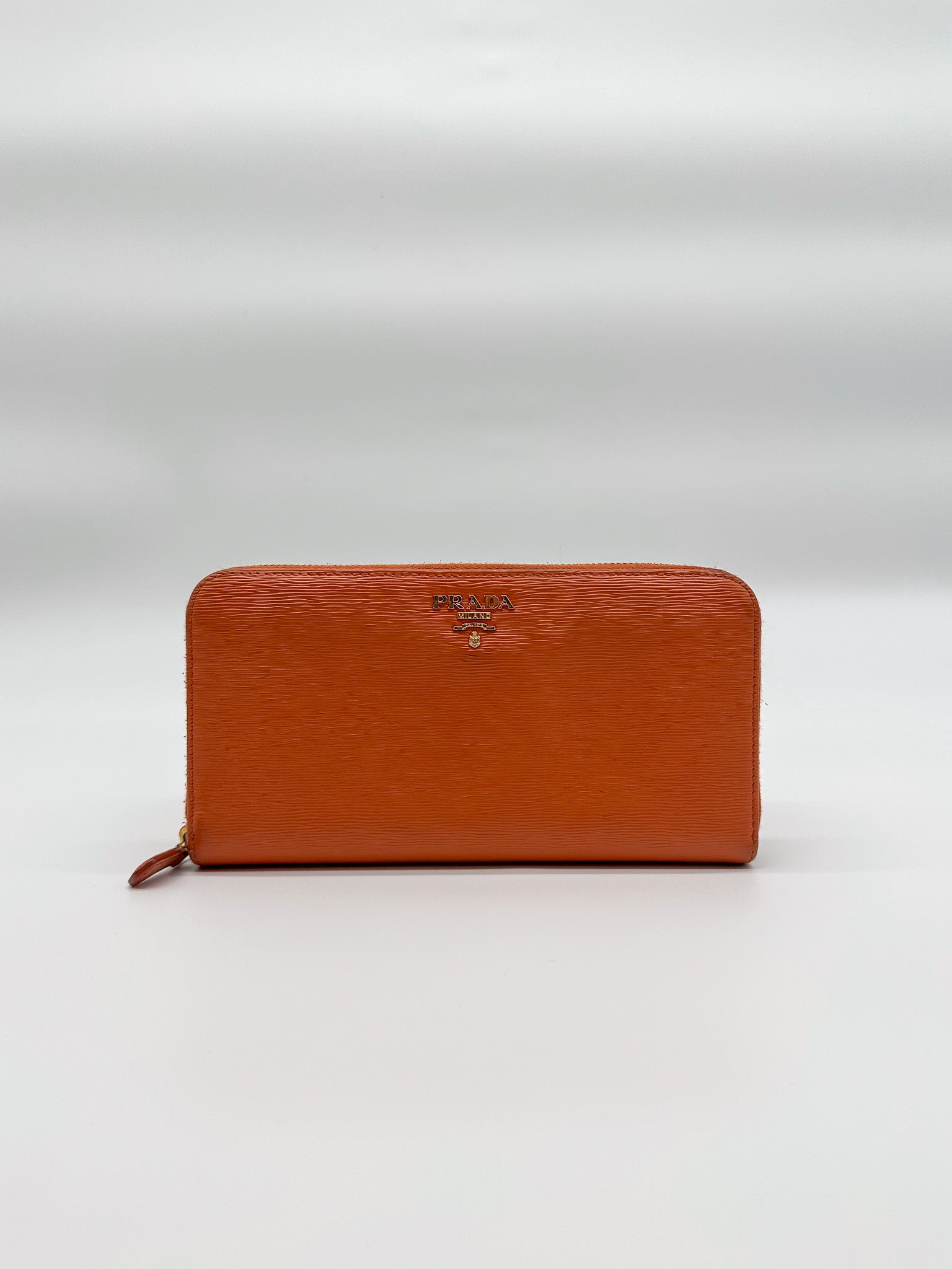 Prada Orange Vernice Leather Zip Around Wallet