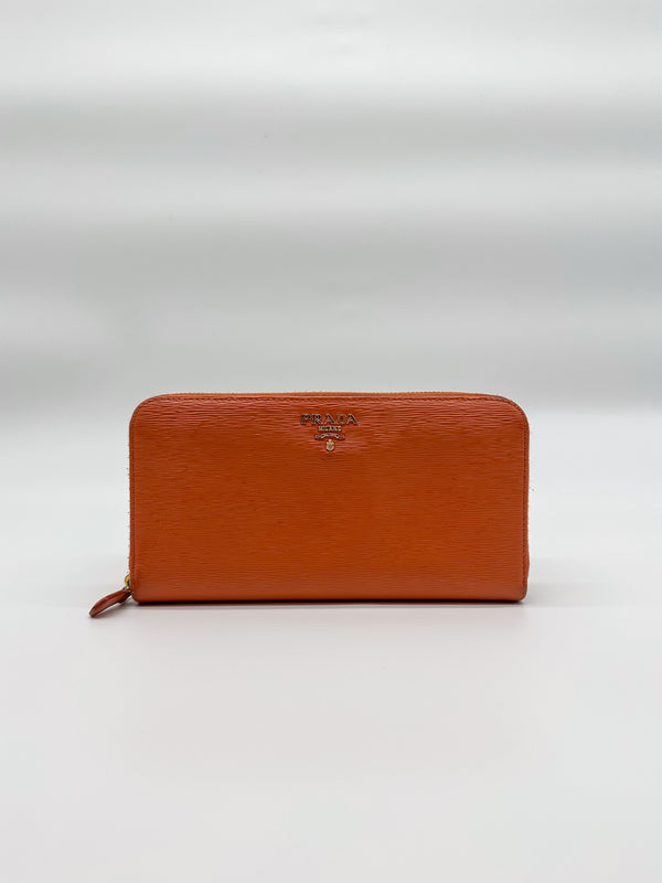 Prada Orange Vernice Leather Zip Around Wallet