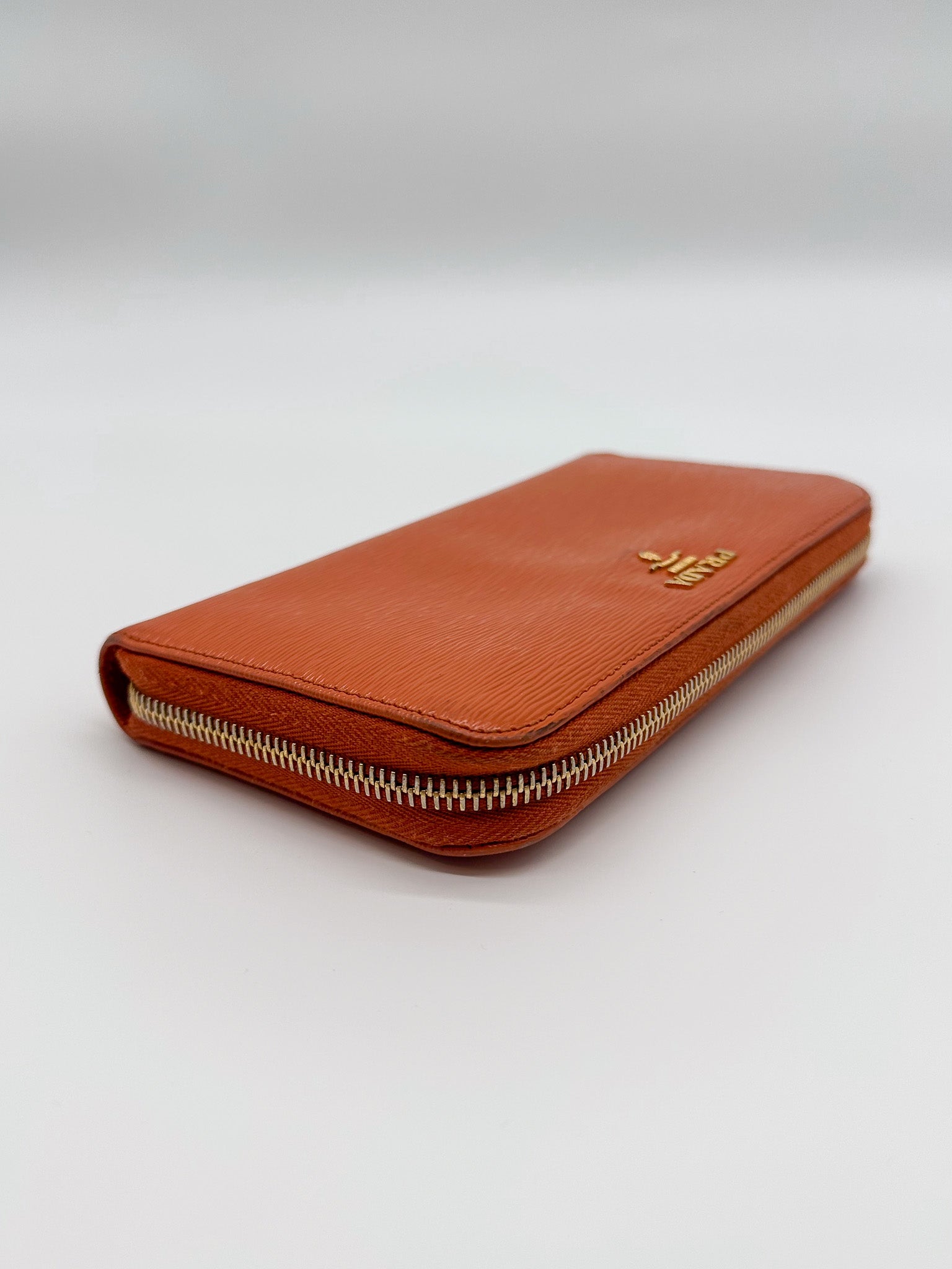 Prada Orange Vernice Leather Zip Around Wallet