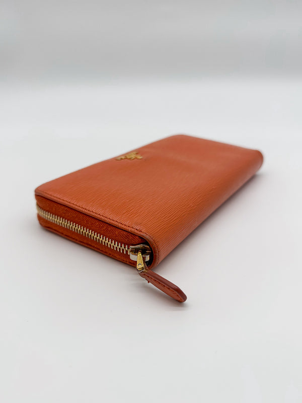 Prada Orange Vernice Leather Zip Around Wallet