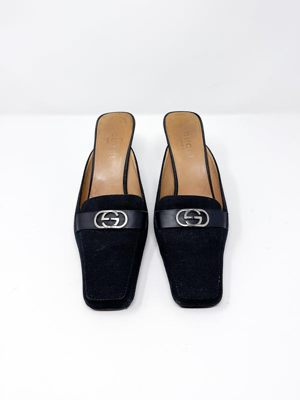 Gucci Canvas Sqaure Toe Mule Pumps