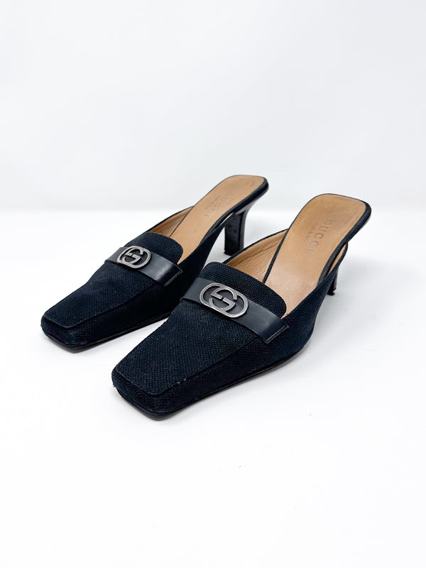 Gucci Canvas Sqaure Toe Mule Pumps