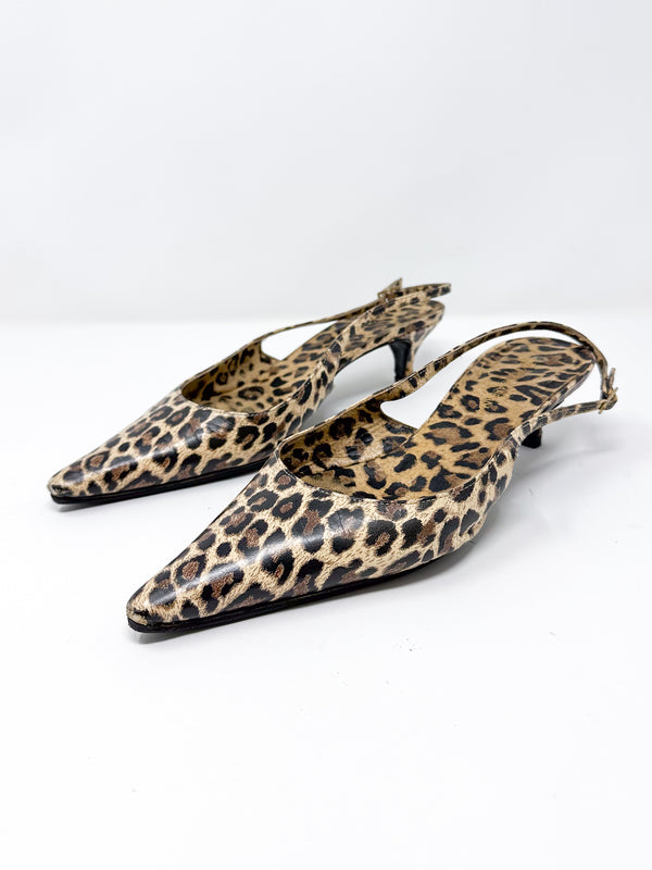 Dolce & Gabbana Vintage Leopard Print Pointed Toe Slingback Kitten Heels
