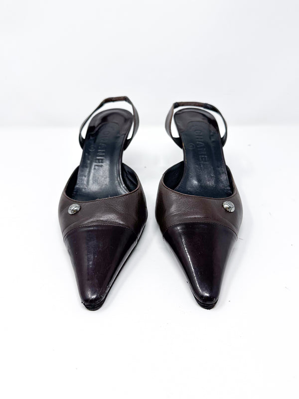 Chanel Vintage Brown Leather Slingback Pumps