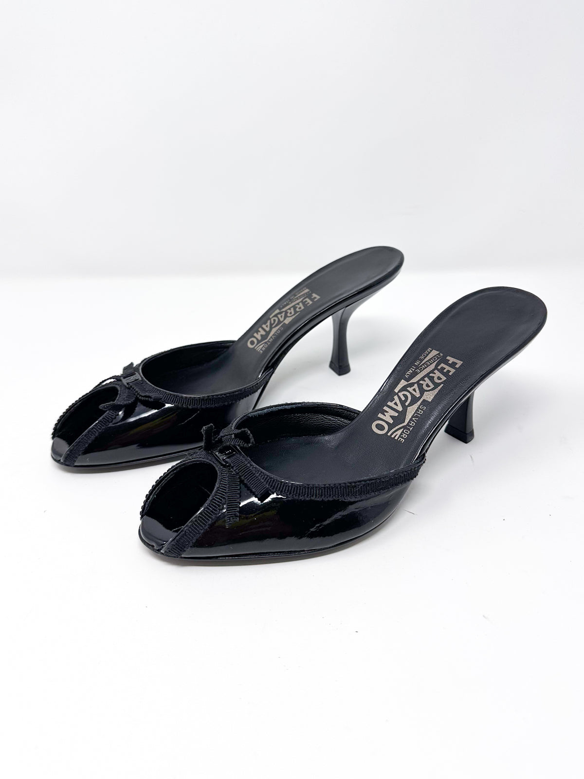 Salvatore Ferragamo Black Patent Leather Kitten Heel Mules
