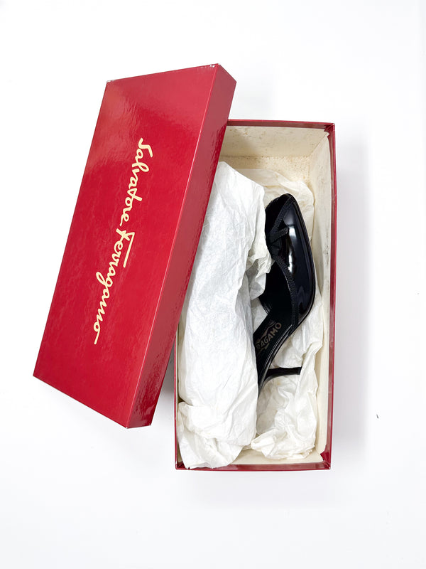 Salvatore Ferragamo Black Patent Leather Kitten Heel Mules