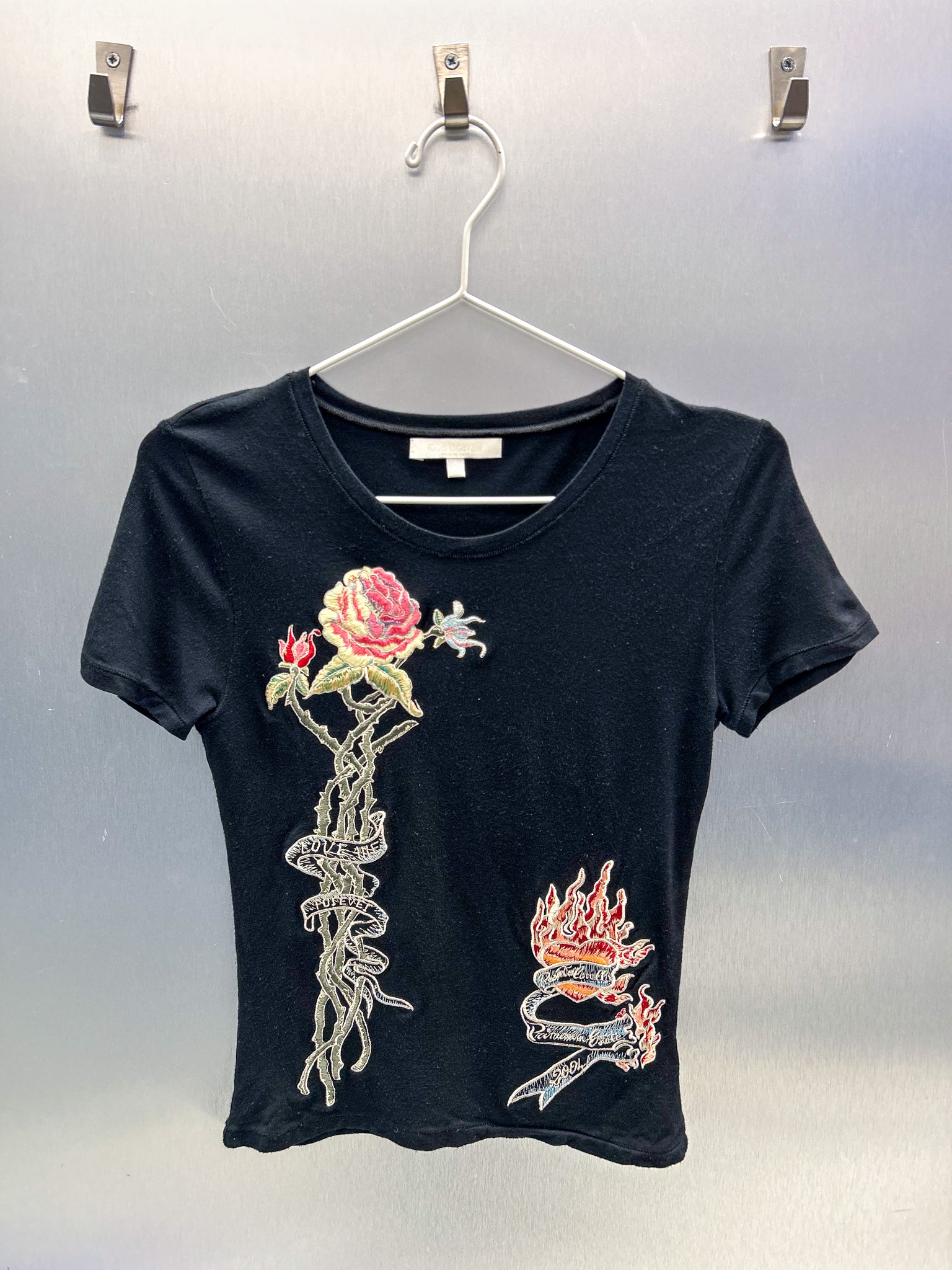 Roberto Cavalli Black Embroidered Rose Heart T-Shirt Y2K