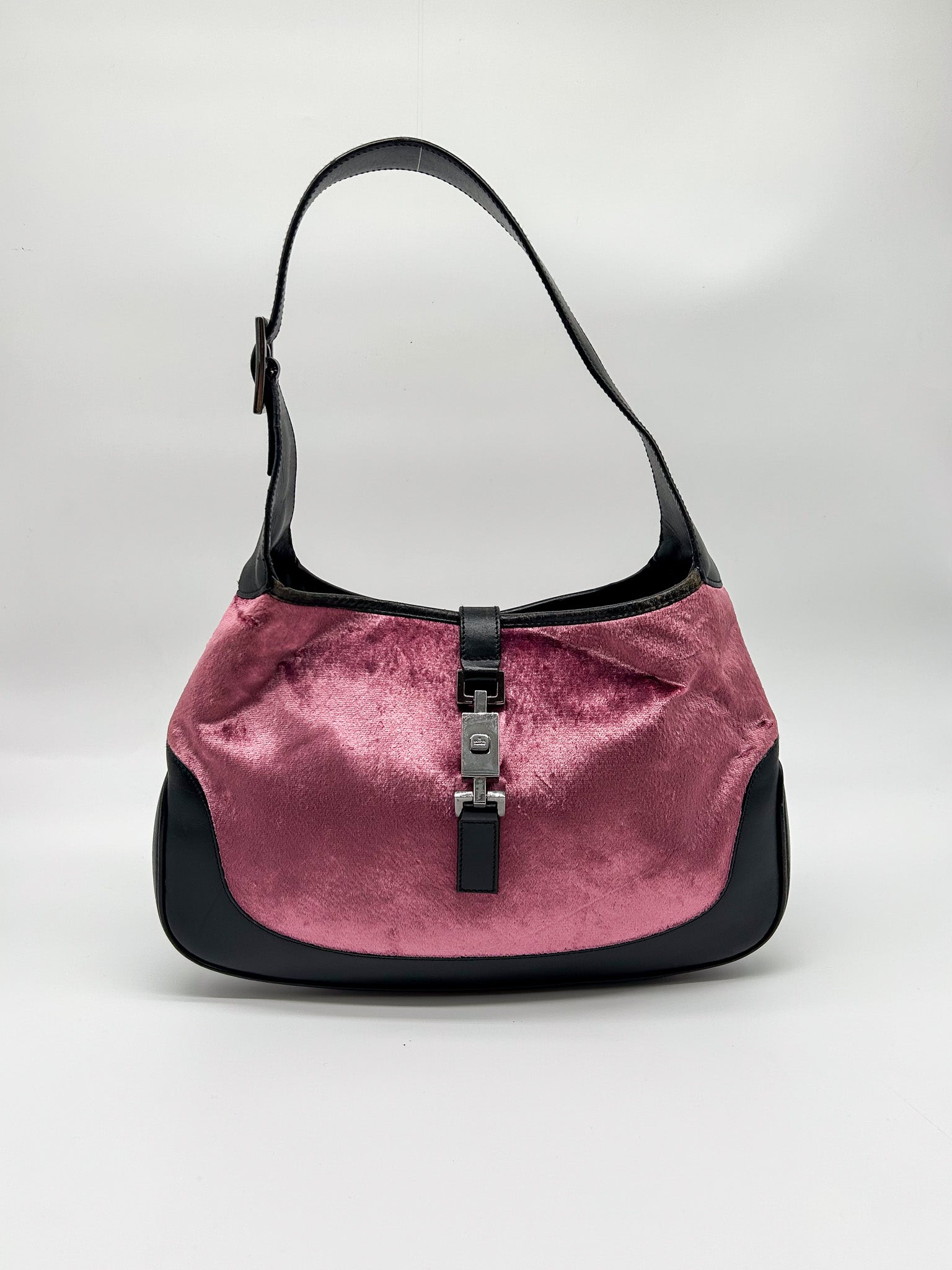 Gucci Jackie Pink Velvet and Black Leather Shoulder Bag