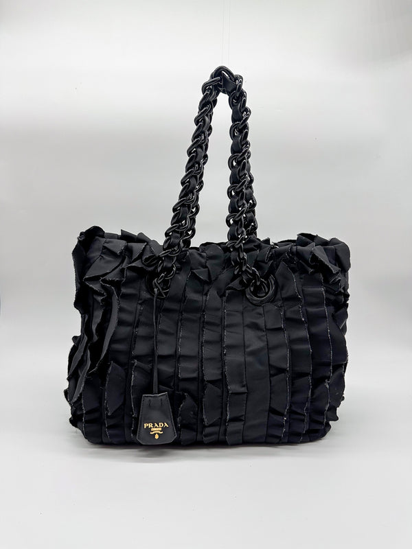 Prada Black Ruffled Tessuto Nylon Tote Bag