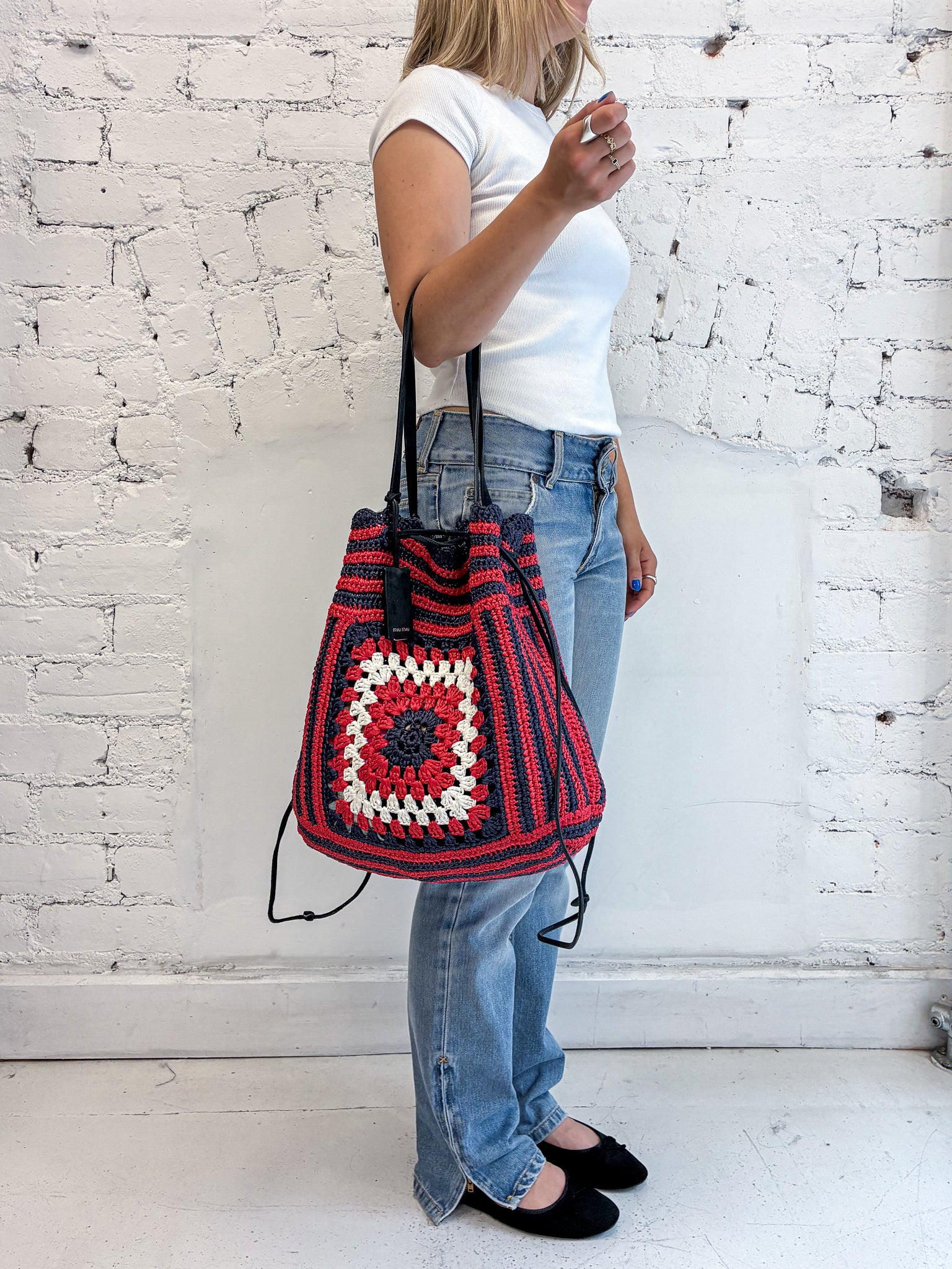 Miu Miu Crochet Raffia Drawstring Bucket Bag