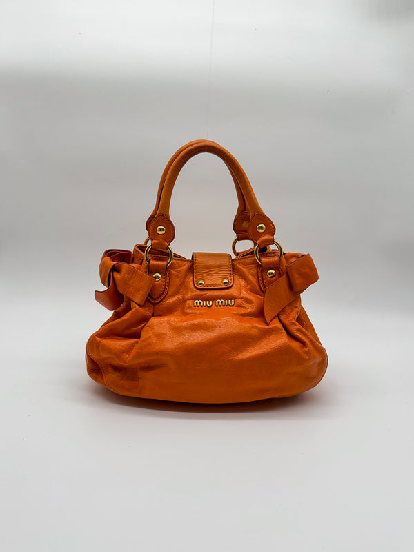 Miu Miu Orange Vitello Lux Bow Satchel