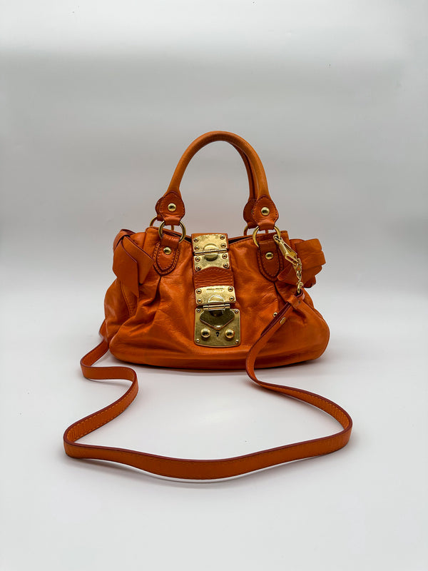 Miu Miu Orange Vitello Lux Bow Satchel