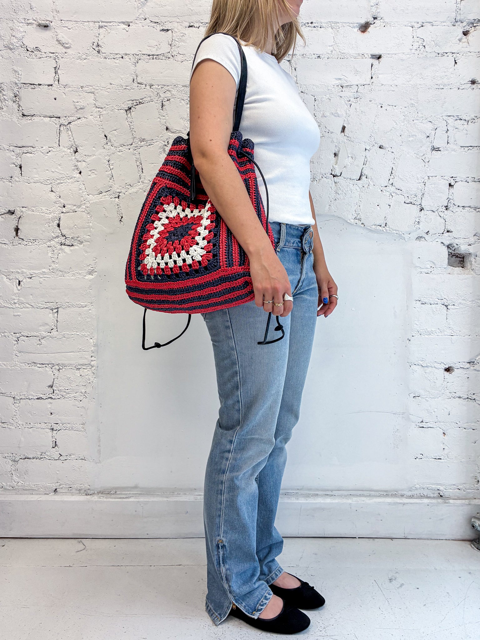 Miu Miu Crochet Raffia Drawstring Bucket Bag