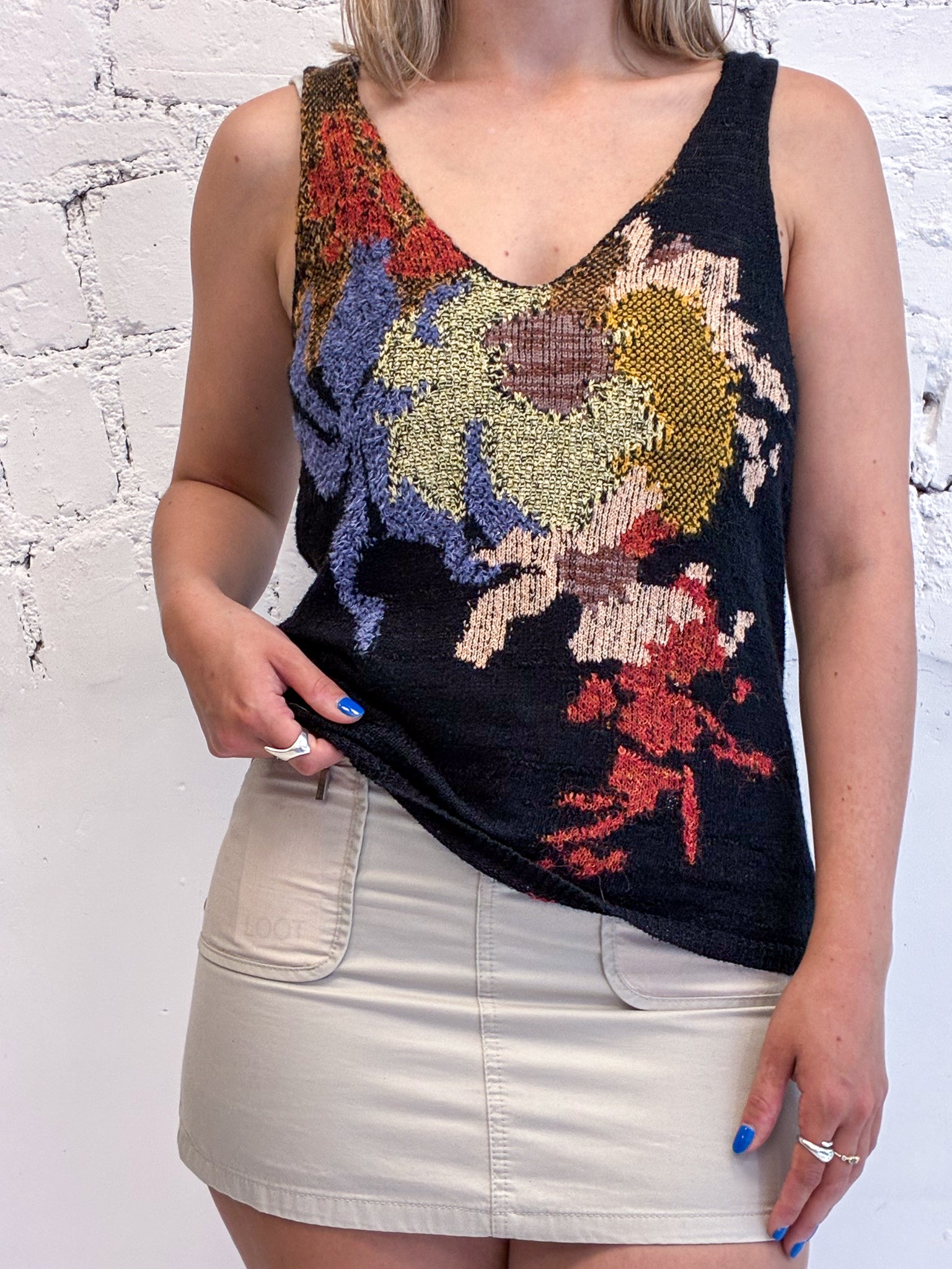Dries Van Noten Black Floral Silk Blend Knit Tank Top