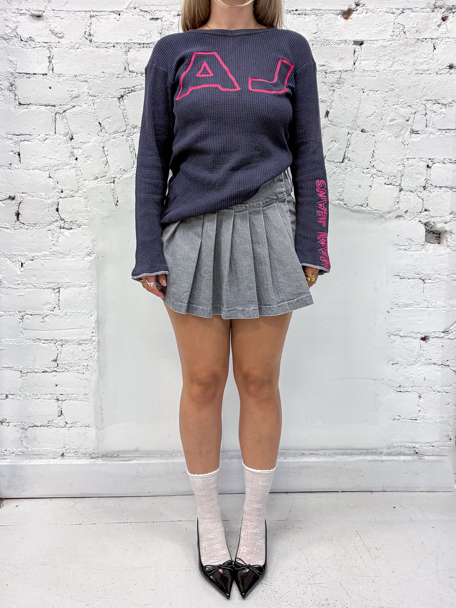 Miss Blumarine Jeans Grey Pleated Denim Cargo Mini Skirt