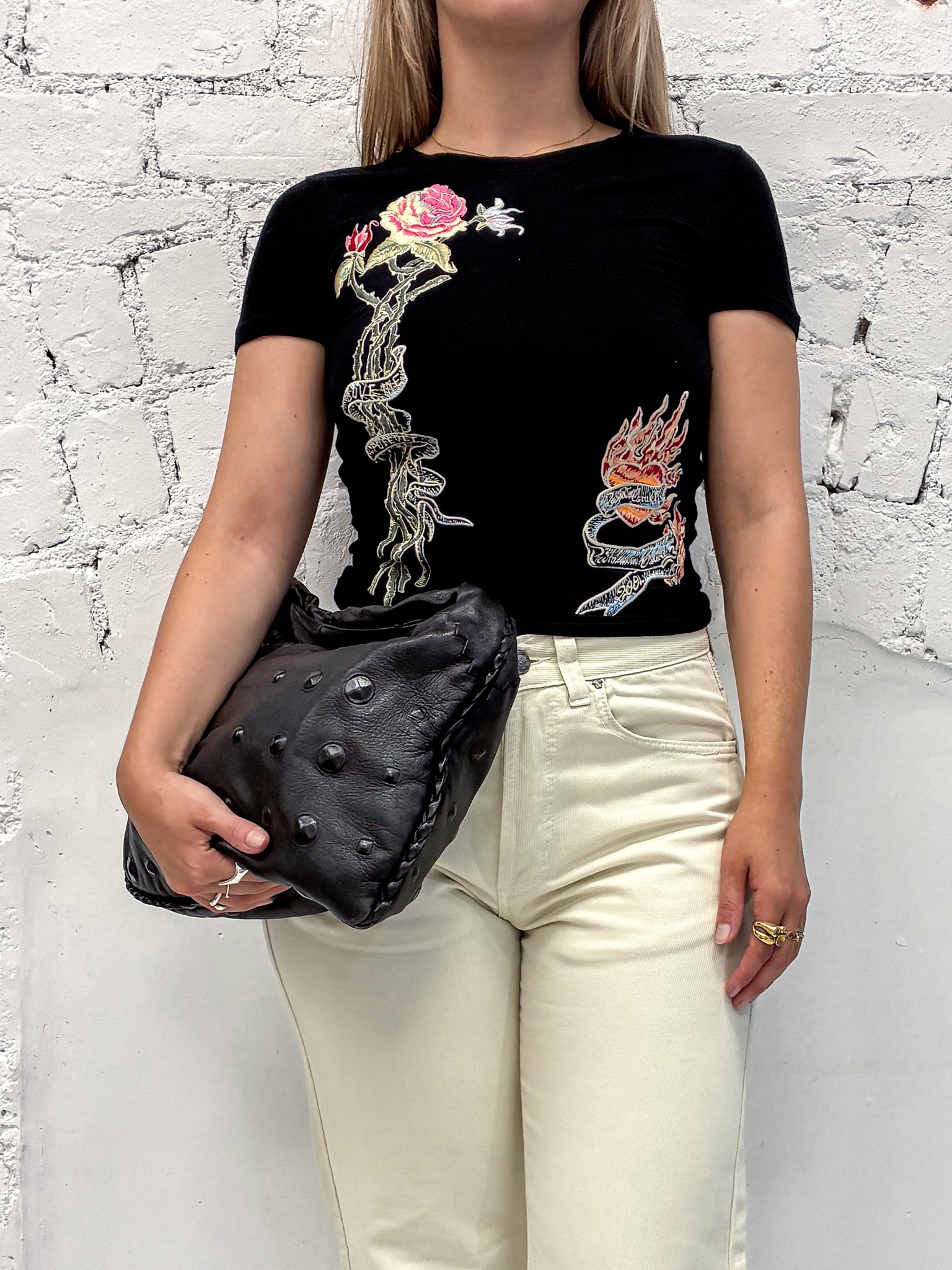 Roberto Cavalli Black Embroidered Rose Heart T-Shirt Y2K