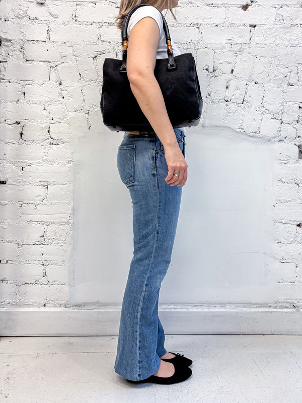Gucci Black Canvas Bamboo Tote Bag