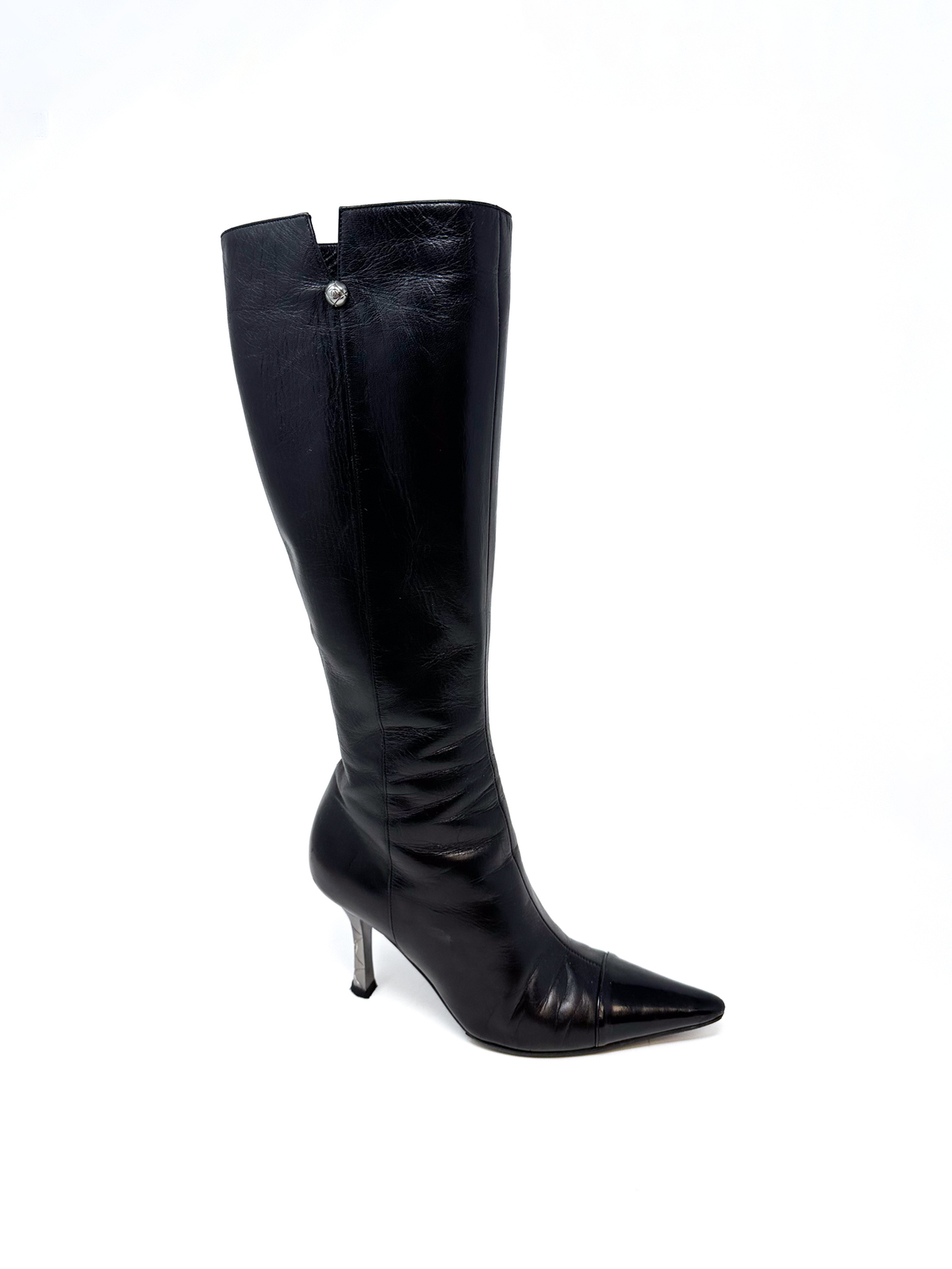Chanel Black Leather Knee High Stiletto Boot Heels