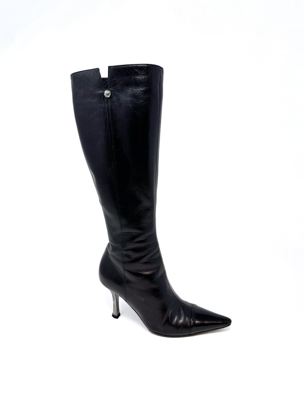 Chanel Black Leather Knee High Stiletto Boot Heels