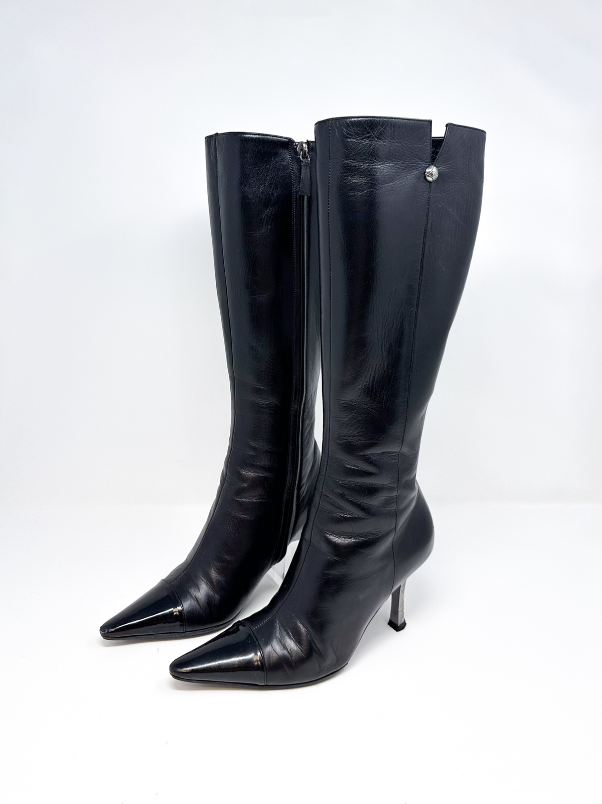 Chanel Black Leather Knee High Stiletto Boot Heels