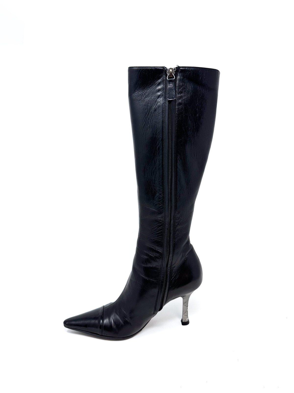 Chanel Black Leather Knee High Stiletto Boot Heels