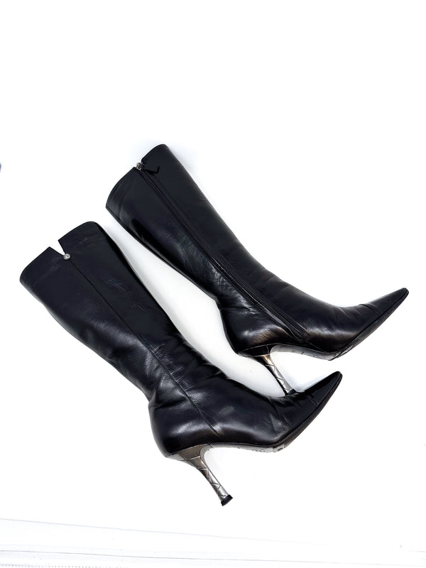 Chanel Black Leather Knee High Stiletto Boot Heels