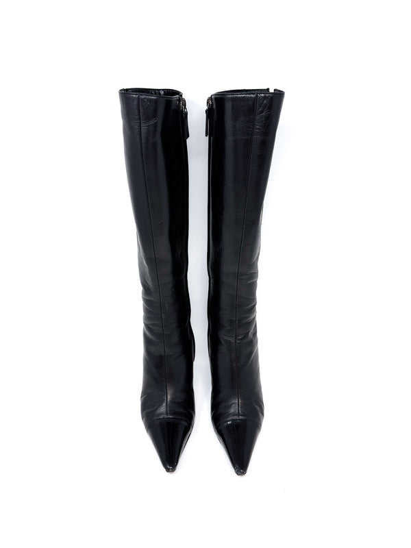 Chanel Black Leather Knee High Stiletto Boot Heels