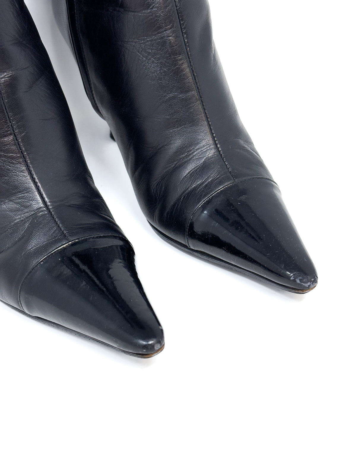Chanel Black Leather Knee High Stiletto Boot Heels