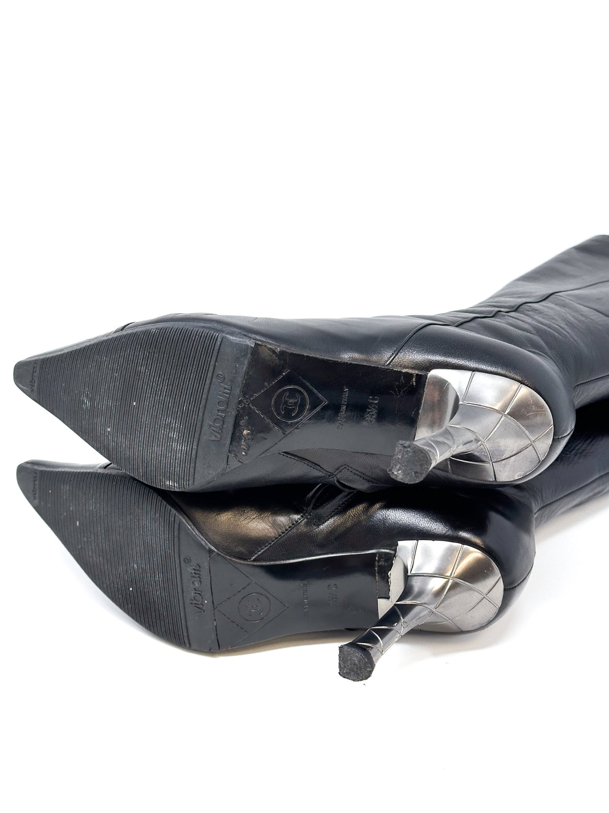 Chanel Black Leather Knee High Stiletto Boot Heels